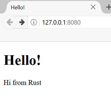 浏览器访问 127.0.0.1:8080 时显示一个网页，页面文字内容为“Hello! Hi from Rust”